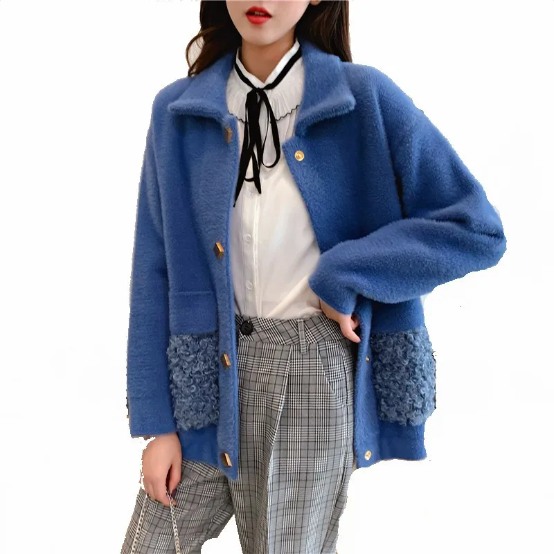 Женское шерстяное пальто с лацканами трикотажное из искусственной норки и