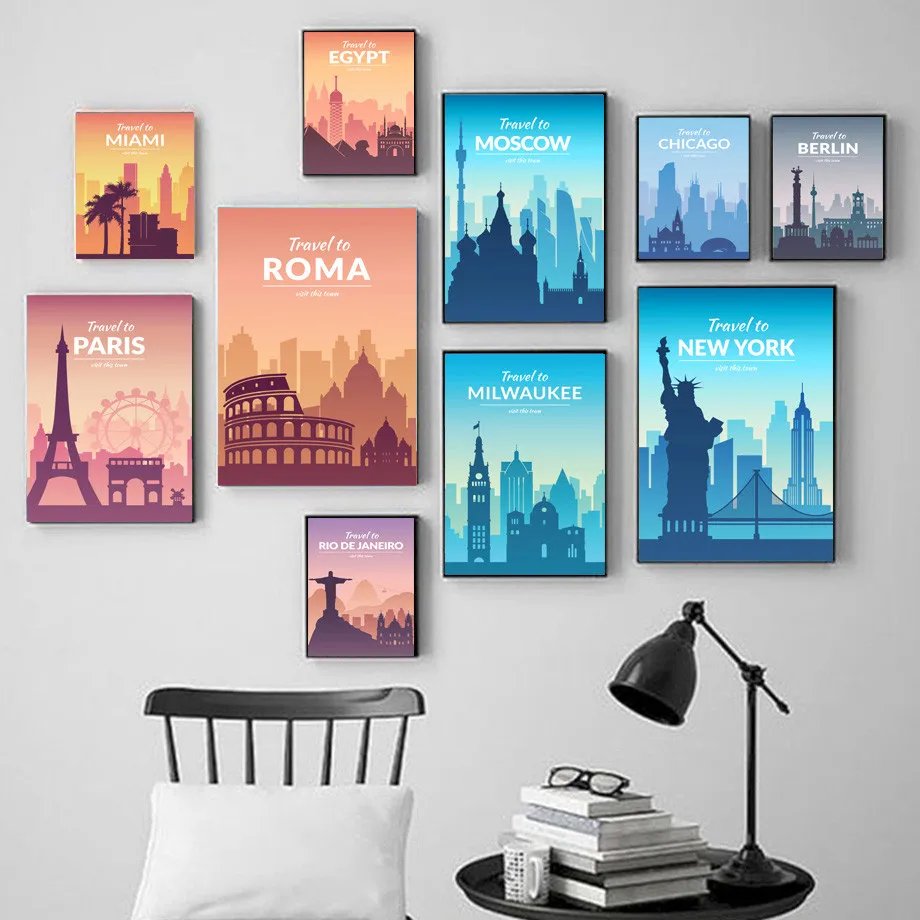 

Colorful Poster Famous Tourist City Scenic Spots Modern Travel To Paris New York Canvas Painting Picture Print Home Wall Art Dec