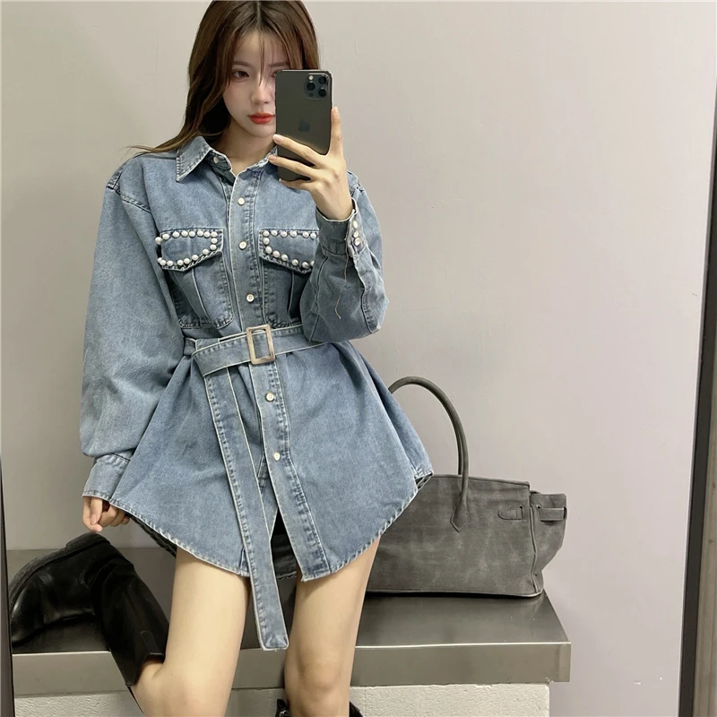 

Long Denim Jacket Women Oversize Button Down Coats 2022 Spring Fashion Streetwear Casual Beading Oversized Jeans Jackets