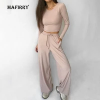 new women all match streetwear casual solid slim outfit spring autumn short top wide leg pants ladies set o neck loungewear suit