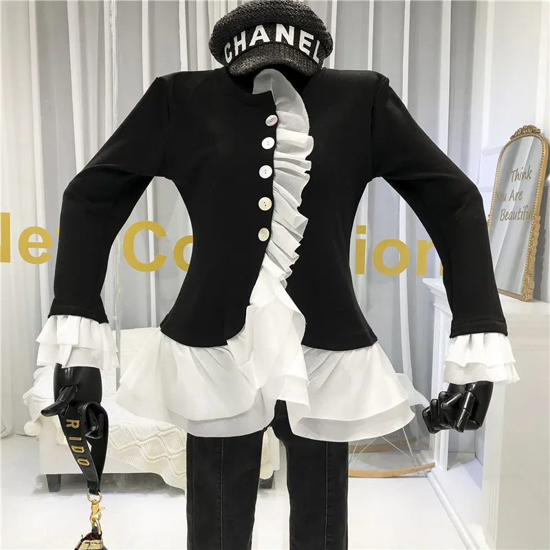 Женская Облегающая рубашка ALPHALMODA однобортная с оборками и длинными рукавами в