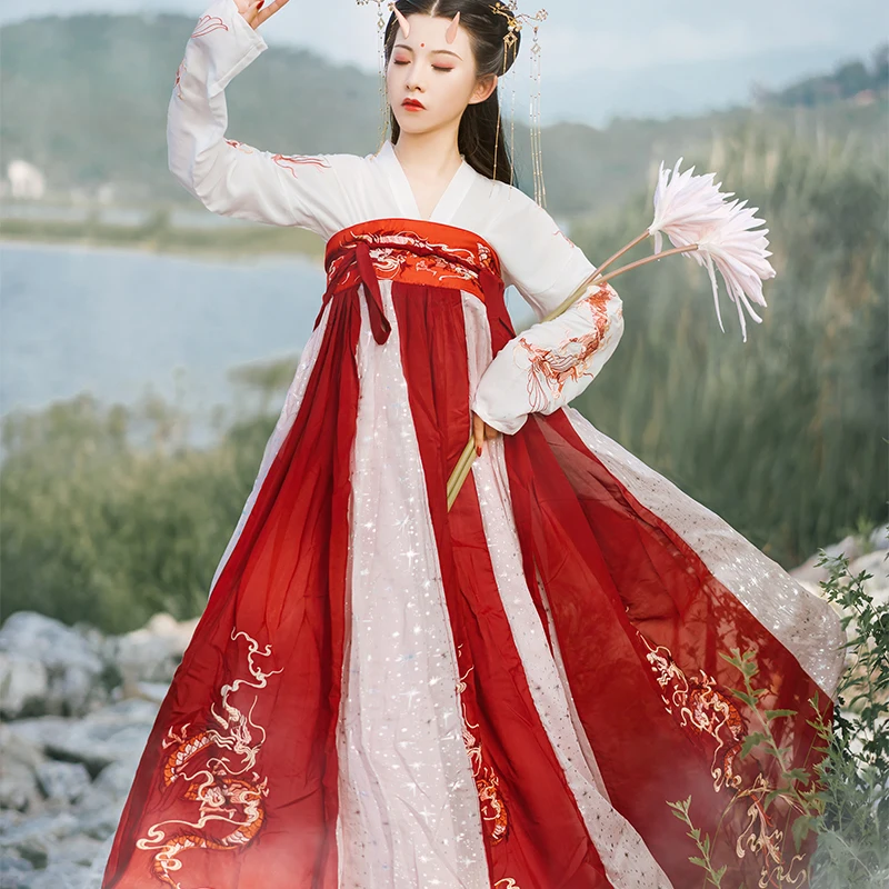 

Женские платья Hanfu в китайском стиле, элегантные красные платья Hanfu с вышивкой для женщин, традиционная народная Одежда для танцев династии ...