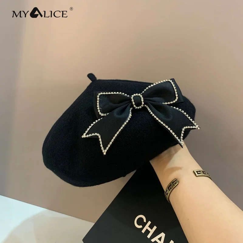 

Берет художника Женский с черным бантом, роскошная шерстяная Элегантная удобная ретро-шляпа в французском стиле для осени и зимы