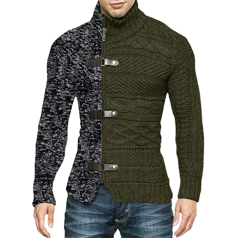 

2021 Men's Autumn and Winter Turtleneck Sweater Dual-Color Patchwork Leather Ring Long-Sleeved Knitted Cardigan Sweater