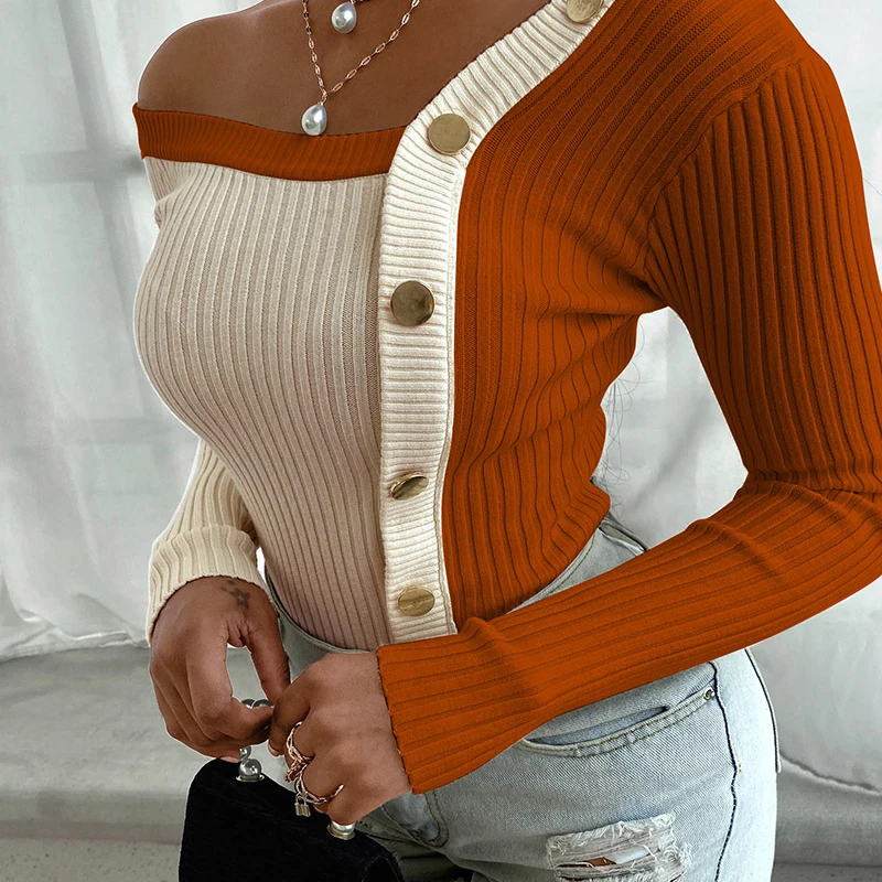 

Fashion Irregular Neck Casual Colorblock Buttoned Knit Long Sleeve Pullover Sweater Winter Trending Women Sequins Glitter Top