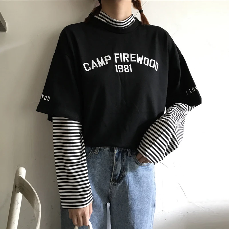 Patchwork Tshirt Women Tees Aesthetic Casual Korean Clothes Striped Printed Letter Female Long Sleeve Shirts T-shirt Tops 2021