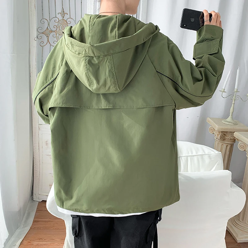 

Spring Autumn Hooded Jacket Male Korean Loose Casual Handsome Windbreaker Jacket Mens Youth Solid Color Men Zipper Jackets S-2XL