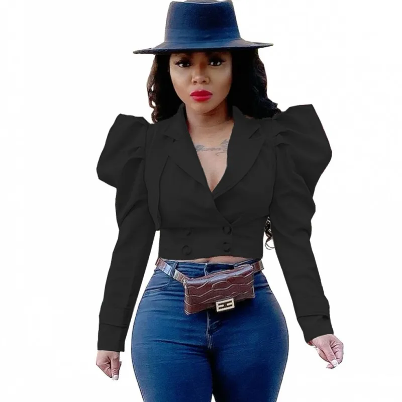

African Blazer Clothes For Women Puff Sleeve Notched Neck Tops Autumn New Solid Double Breasted African Clothing Jacket Blazers