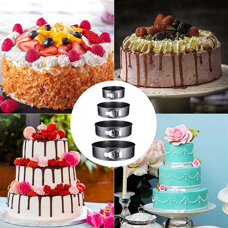 

4Pcs/Set Cake Pan for Baking Removable Bottom Non-Stick Springform Cheesecake Pan Leakproof Round Cake Mold Cake Pan Set