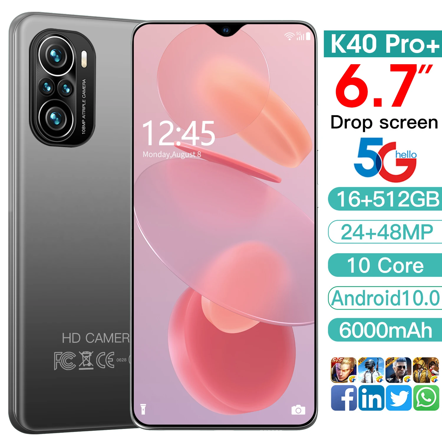

The New K40 pro+ 16+512GB 6.7-inch Smartphone drop screen LTE 4G mobile phone supports face ID Fingerprint unlock Android10