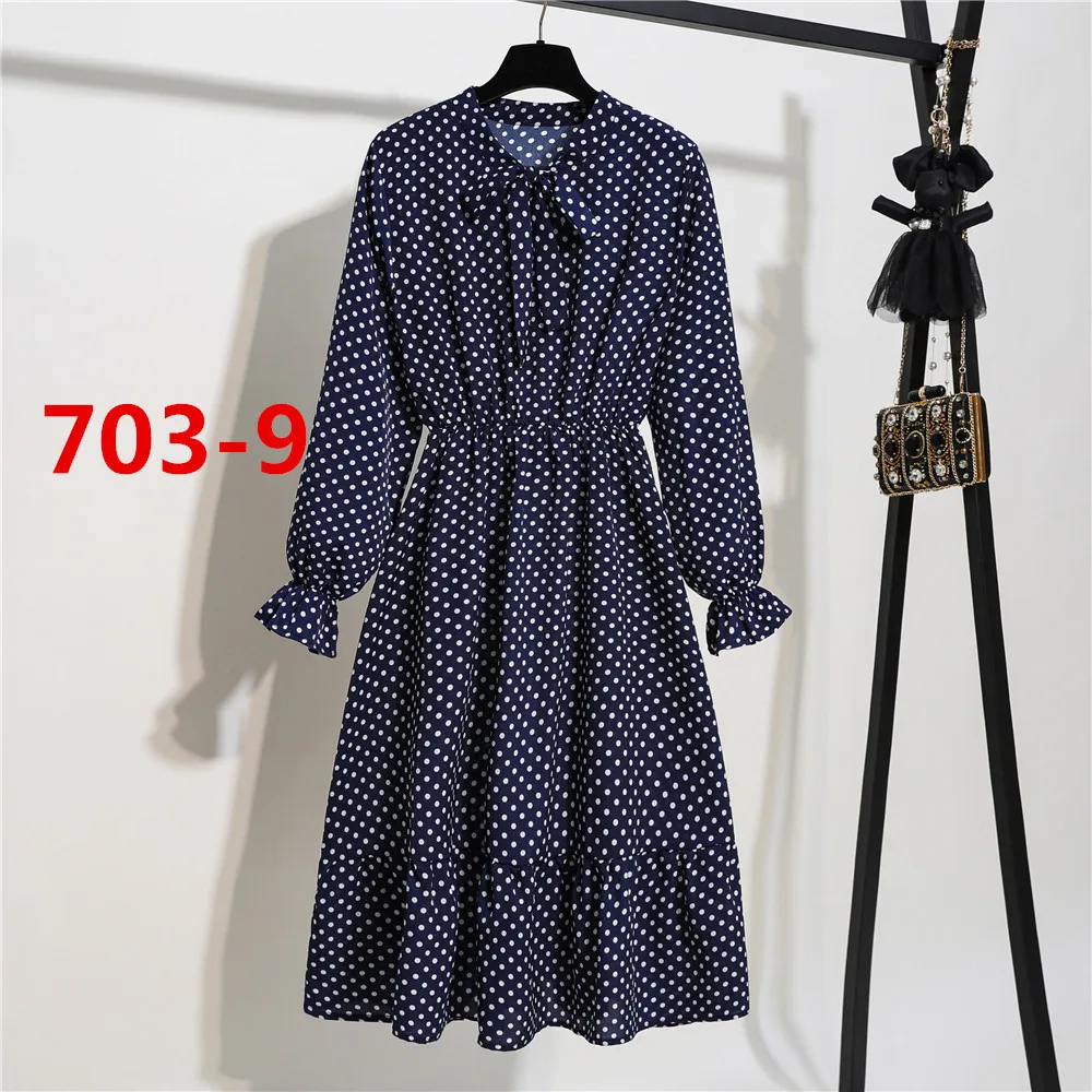 

Office Long Sleeve Chiffon Floral Print Dresses 2021 Autumn Dress Women Korean Bow Tie Ruffle Hem Mid-calf Party Dress Vestidos
