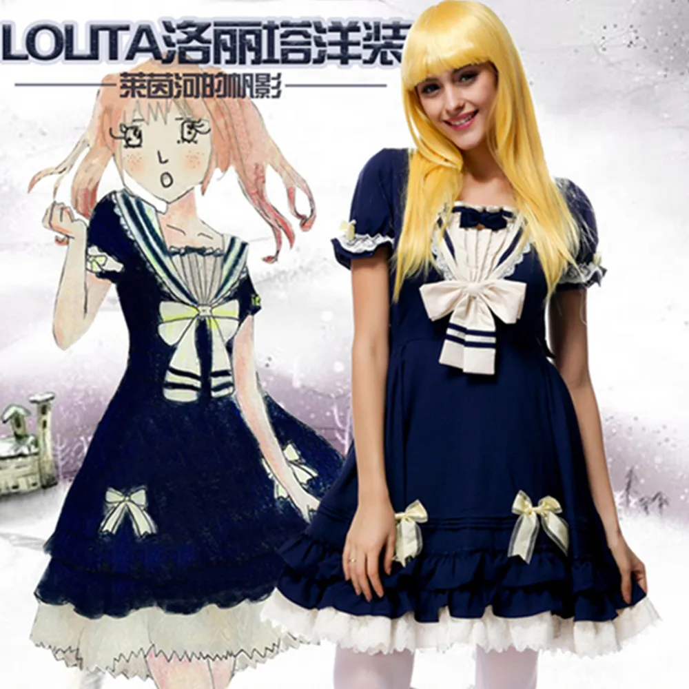 Летнее синее милое школьное платье принцессы Лолиты для девочек и женщин Милое