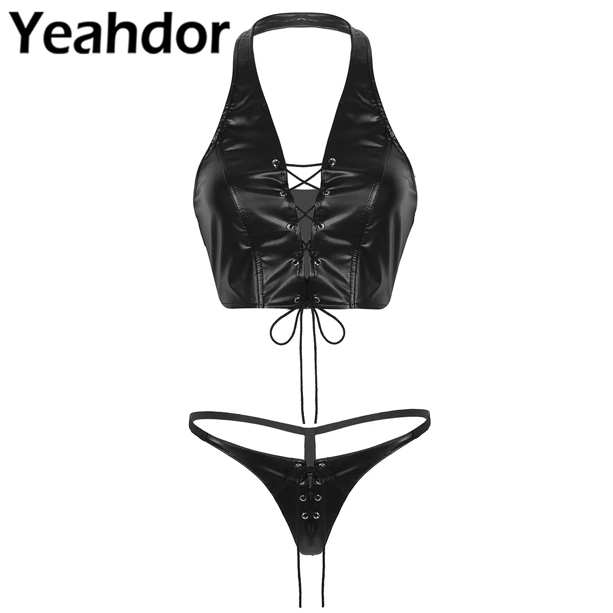 

2Pcs Women Sexy Bikini Set Faux Leather Lace Up Lingerie Halter Crop Tops with Mini G-string Thong Underwear Low Rise Panties
