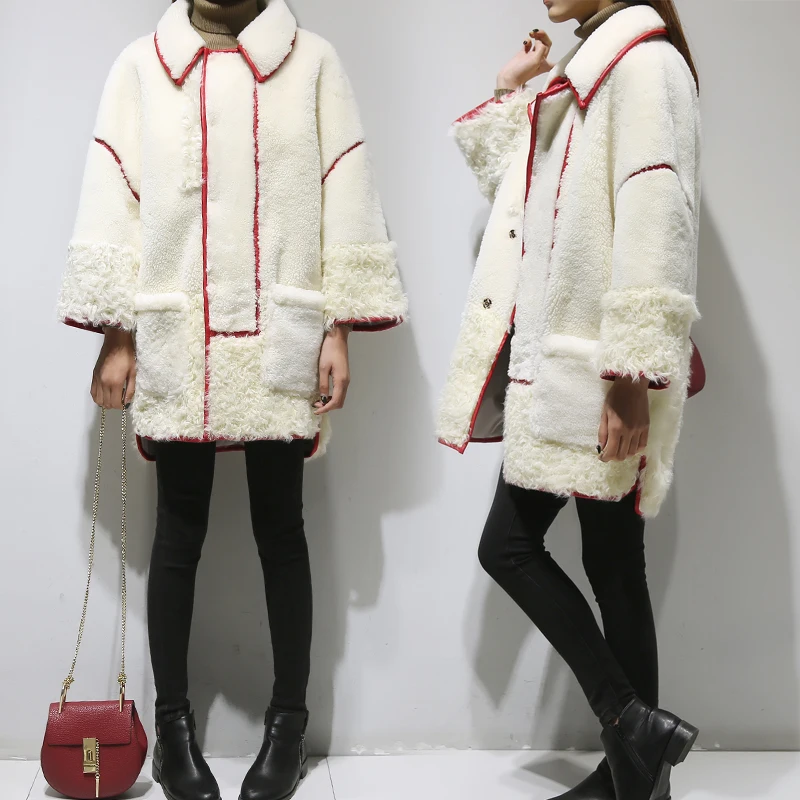 Женское шерстяное пальто модное длинное из искусственного меха с отворотами