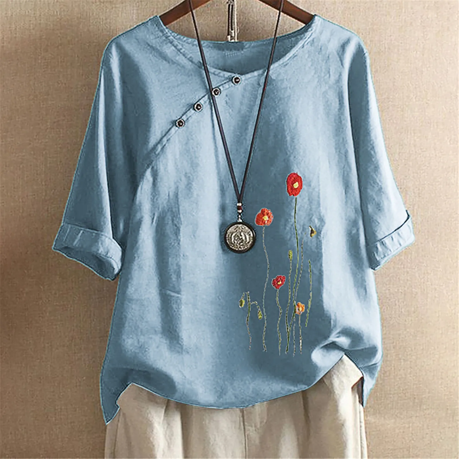 

Brand Blouses Woman Clothing Summer Office Lady Plus Size Linen Blouses Casual Short Sleeve Floral Button Shirt Blusa Feminina