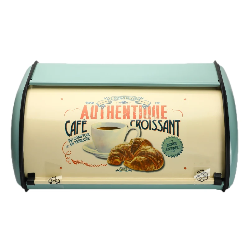 

Vintage Bread Box Storage Bin Rollup Top Light Blue Small Powder Coated Bread Iron Snack Boxes Food Containerfor Kitchen Home De