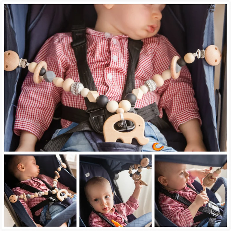 

Baby Toys Silicone Beads Teethers Wooden Rings Handmade Bracelet Pacifier Chain Clips Teething Pram Stroller Bell Baby Products
