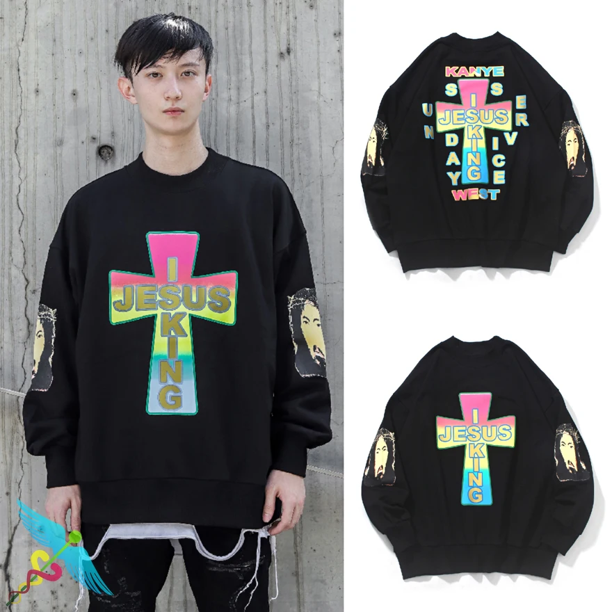 

New CPFM KANYE JESUS IS KING Men Woman Cross Print Pattern Sweatshirt Round Neck Hip-hop Hoodie Top High Street Stranger Things