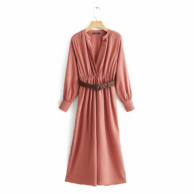 Fashion 2019 jumpsuit long sleeve with belt za pink v-neck high waist rompers womens | Женская одежда