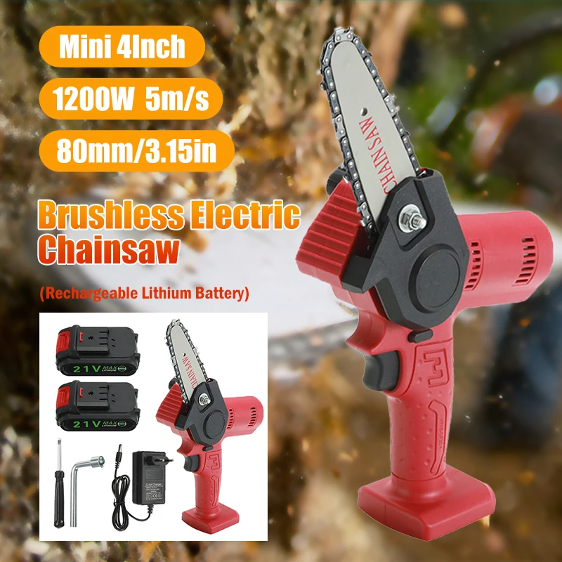 4Inch 21V Electric Brushless Chainsaw Mini 1200W Wood Cutters Garden Power Tools cutting machine Rechargeable Lithium Battery