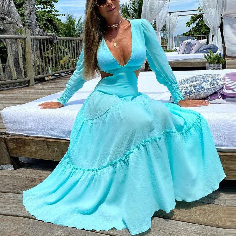 

Mandylandy Slim-Fit Dress Women's Casual Patchwork Pleated Dress Summer Fashion V-neck Hollow Out Long Sleeve Irregular Dress