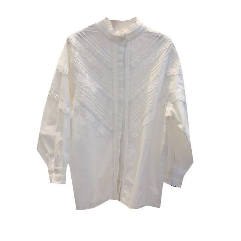 

Lace Patchwork White Women Shirts Stand Collar Lantern Sleeved Summer New Loose Office Lady Elegant Outwear Tops
