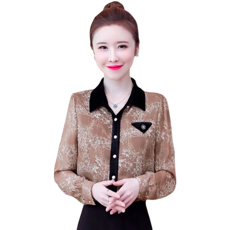 

COIGARSAM Full Sleeve Shirt Womens tops New Print Chiffon Patchwork Women shirts Black Ga Color 9312