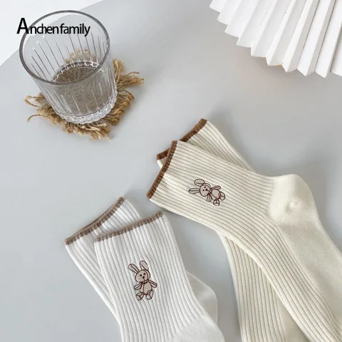 New Women'S Pure Cotton High Quality Solid Color Socks Kawaii  Casual Girls Sweet Socks Animal Pattern Rabbit Embroidered Socks
