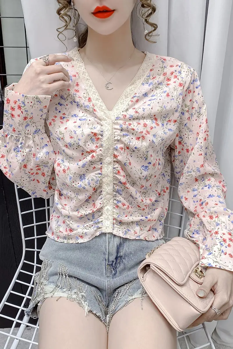 

COIGARSAM Vintage blouse women New Summer Spring Full Sleeve Loose Floral Print Chiffon blusas womens tops and blouses Pink 5509