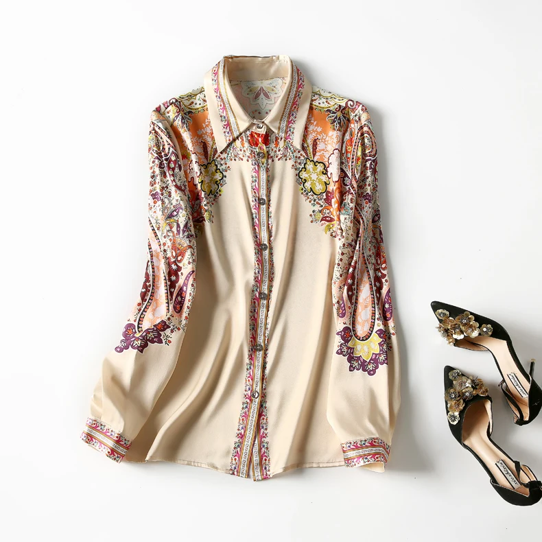

19mm 100% Heavy Silk Women's Runway Shirt Turn Down Collar Long Sleeves Floral Printed Fashion Blouse Elegant Camisa Tops