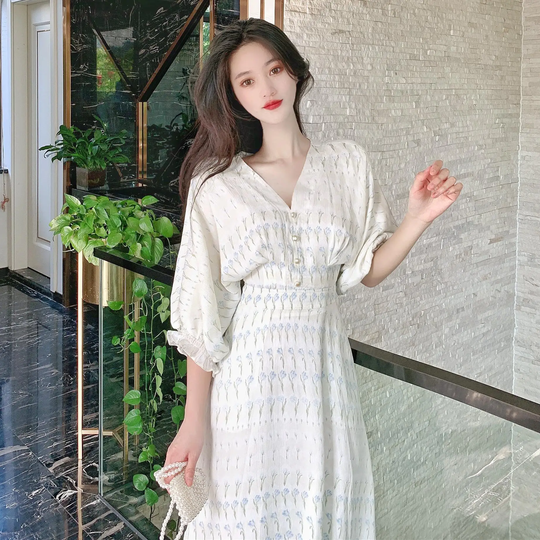 

COIGARSAM Floral Print Women dress Puff Sleeve Dresses 7967