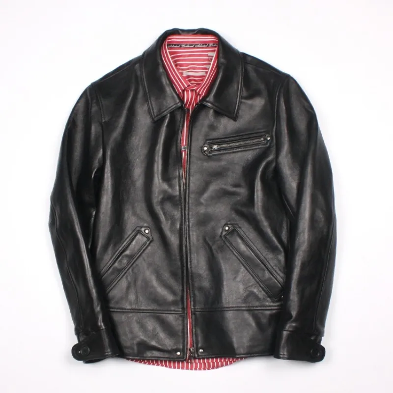 

Men High Quality Sheepskin Real Leather Motorcycle Jackets Lapel Black Slim Biker Genuine Leather Coats Long Sleeve Clothes Man