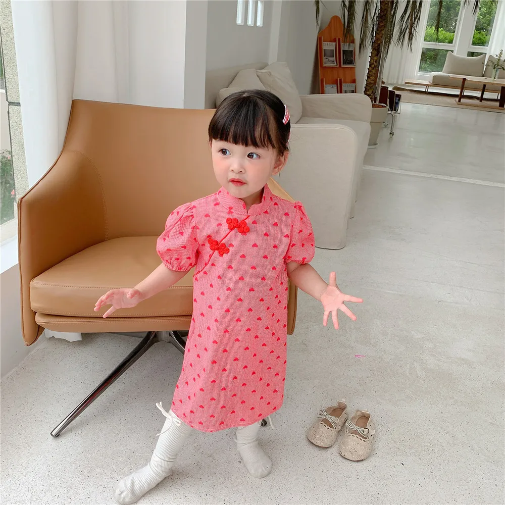 

2022 Summer New Korean Children'S Wear Girls' Short Sleeved Cheongsam Love Dress Girls' Exotic Retro Skirt