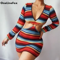 onelinefox stripe womens knitted dress cut long sleeve v neck mini bodycon dress autumn fashion sexy party vestidos robe femme