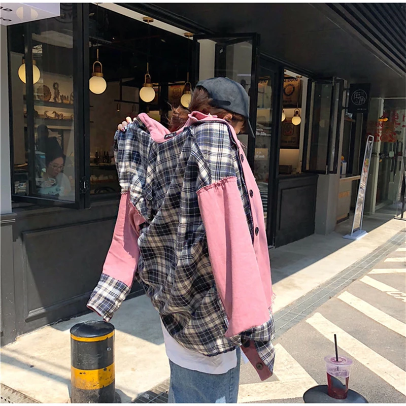 Harajuku стиль куртка оверсайз Женщины обе стороны могут носить хип хоп Уличная плед пальто пэчворк и куртки женщины