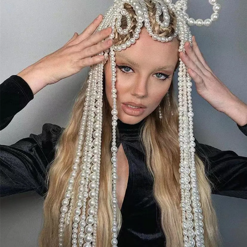 DIY Simulated Pearl Long Tassel Hair Chains Hair Clips for Women Wedding Jewelry Luxury Pearls Head Chains Hair Pin Headwear
