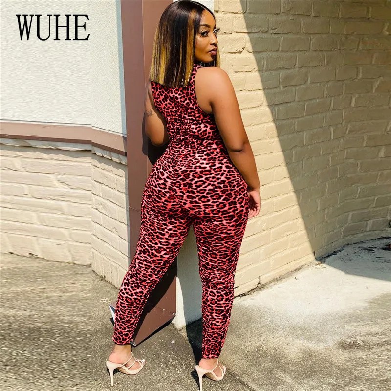 

WUHE Skinny Nightclub Party Jumpsuit Leopard Print Off Shoulder Sleeveless O Neck Package Hip Vintage Streetwear Slim Overalls