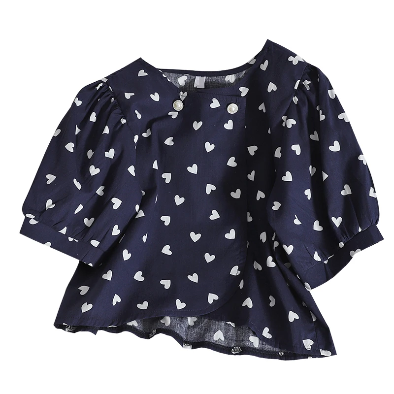 

Kimutomo Button-up Irregular Heart Print Short Shirt O-neck Puff Sleeve Slim Summer Korean Blouse Woman Chic Casual Fashion