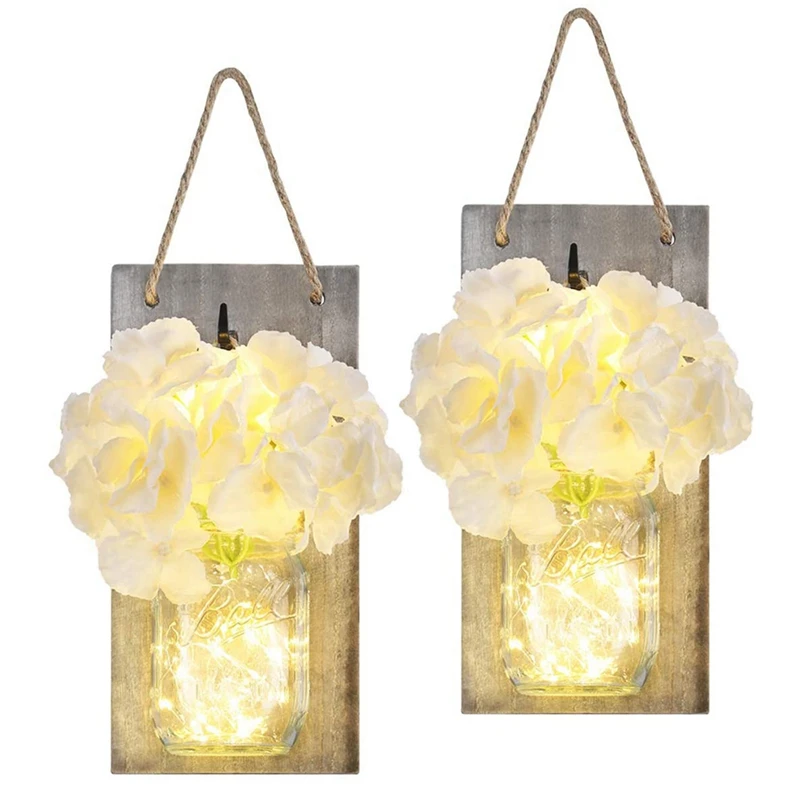 

Decorative Mason Jar Wall Decor - Rustic Wall Sconces with LED Fairy Lights and Flowers for Bathroom Decor Home