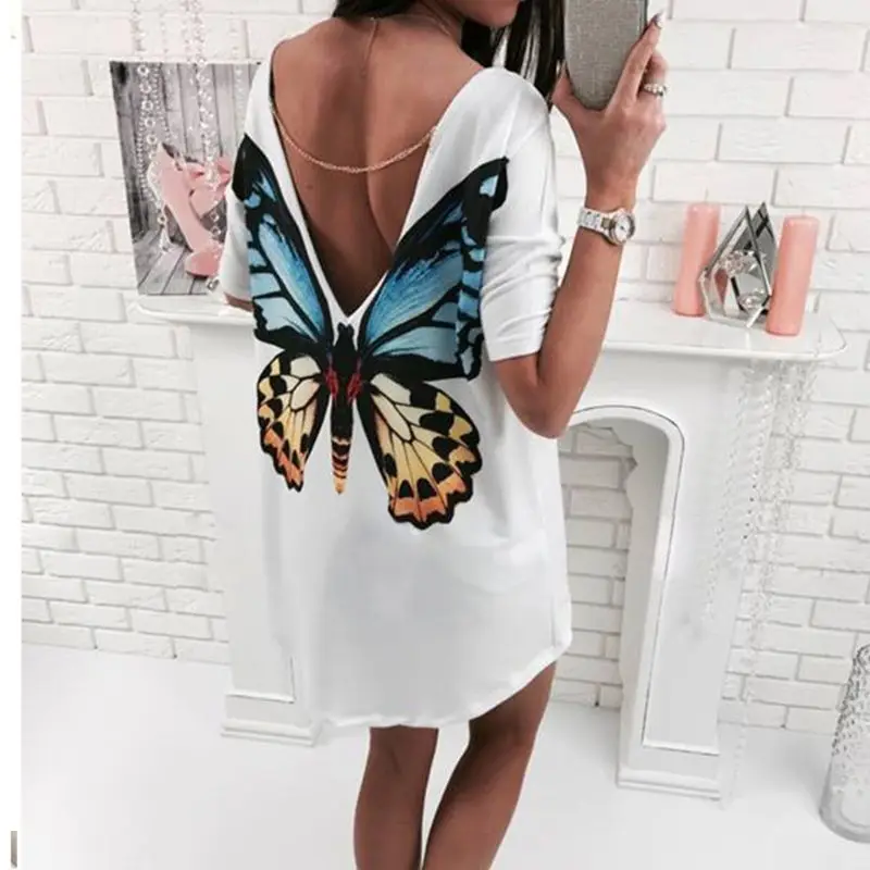 Женское платье-футболка с коротким рукавом низким вырезом и открытой спиной