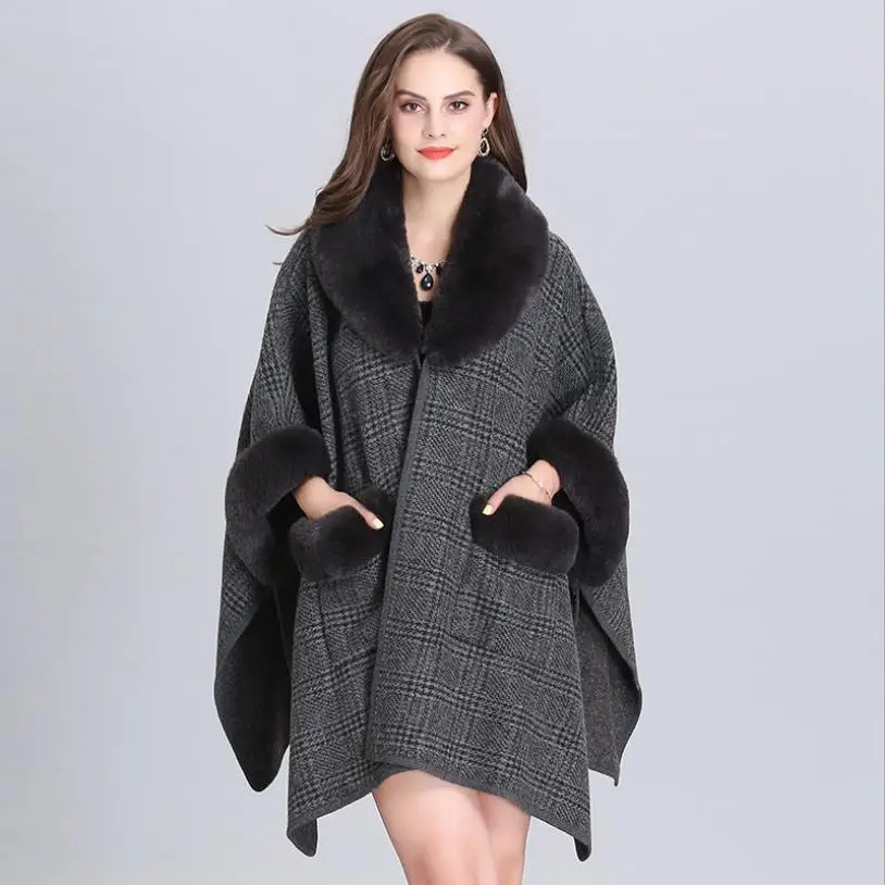 

Женское вязаное пальто, Свободный кардиган оверсайз с воротником из искусственного лисьего меха и рукавом летучая мышь, накидка, куртки F211, ...