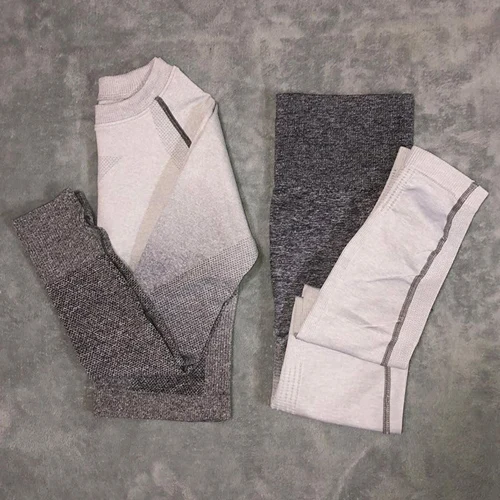 Style 1-Gray white Женский бесшовный комплект для йоги из 2 предметов, спортивный костюм для фитнеса, тренировки в тренажерном зале, укороченный топ, длинный рукав, для йоги, рубашка+ Леггинсы для йоги, женская спортивная одежда - Цвет: Style 1-Gray white