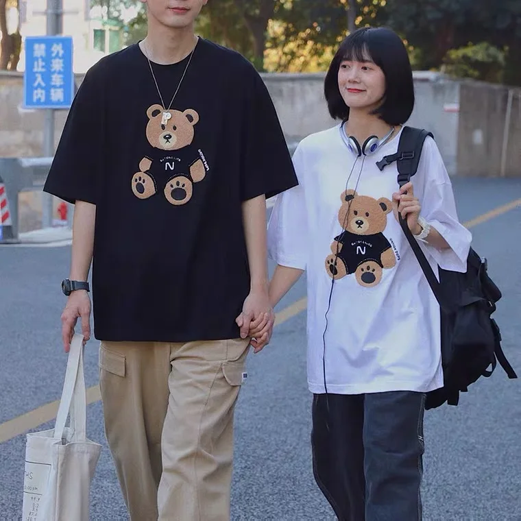 

Urban Basic Kawaii Couples Tshirt Bear Print Korean Style Loose Vogue Cute Tshirt Women's Oversized Short Sleeve Goth T-Shirts