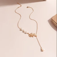 korean fashion leaf pearl pendant necklace for women gold silver color sweater chain anniversary wedding jewelry gifts