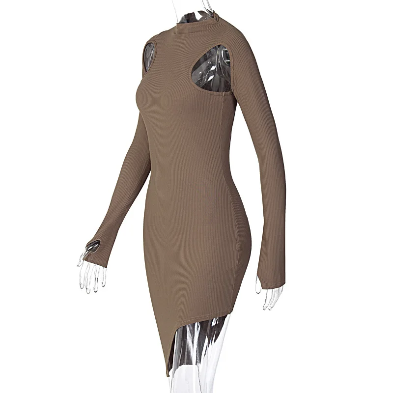 

Women Elegant Fashion Sexy Party Slim Fit Dresses Cut Shoulder Long Sleeve Dress Hollow Out Ribbed Knit Bodycon Dress