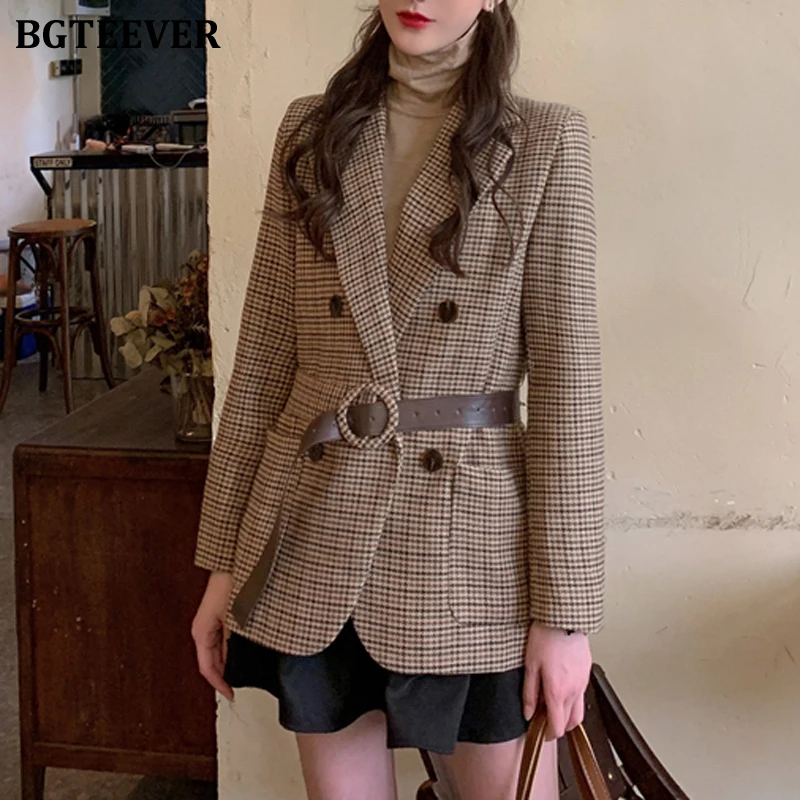 BGTEEVER винтажный с поясом Женский блейзер элегантный в клетку женский костюм