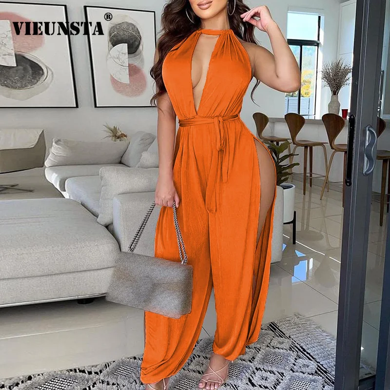 

Sexy Deep V-neck Halter Women Jumpsuit 2021 Summer Backless Lace-up Bow Party Playsuits Spring Hollow Out Solid Rompers Overalls