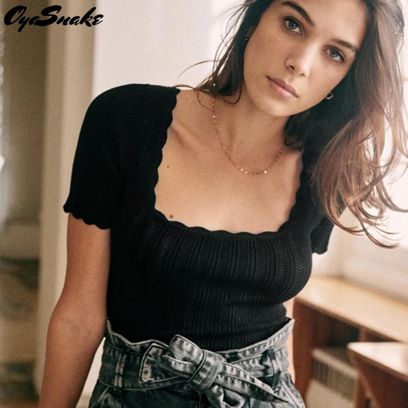

Oyasnake Women's Knitted Square Collar Short Sleeve Edible Tree Fungus Tee 2021 Fashion Summer Bodycon T-Shirt Girls Solid Tops