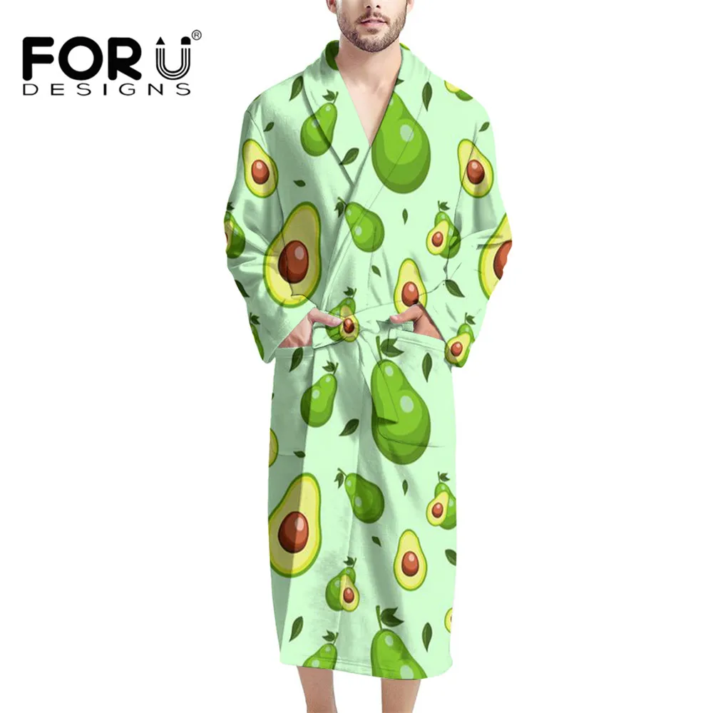 

FORUDESIGNS Mens Green Avocado Fruits Pattern Print Bathrobe With Eight Colours Lightweight Nightgown Plush Housecoat For Male