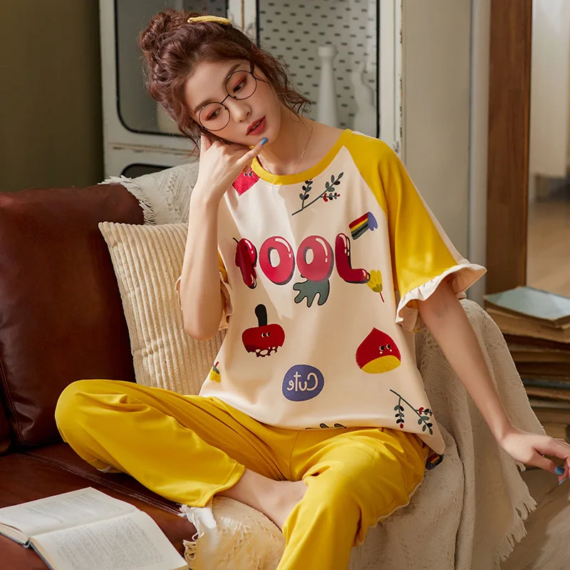 

Women's Pure Cotton Pajamas Spring Flower Print Patterned Home Clothes Short-Sleeved T-shirts And Trousers Soft Pajama Suit